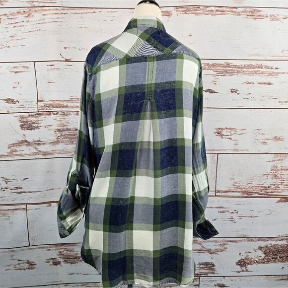 NWT Billy T Mabry Chambray Button Down Top Blue Green Plaid Size Large - Picture 2 of 7